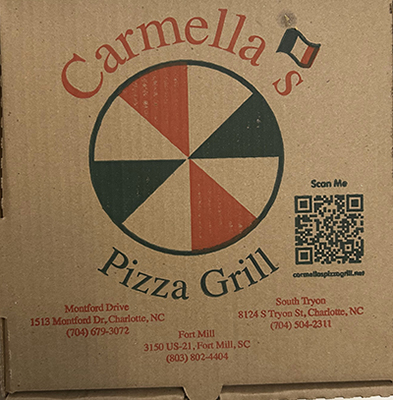 Image of the original pizza box design that Carmella's Pizza and Grill has.