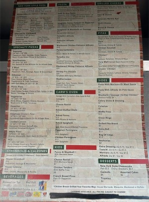 Image of the original menu design that can be found at Carmella's Pizza and Grill.