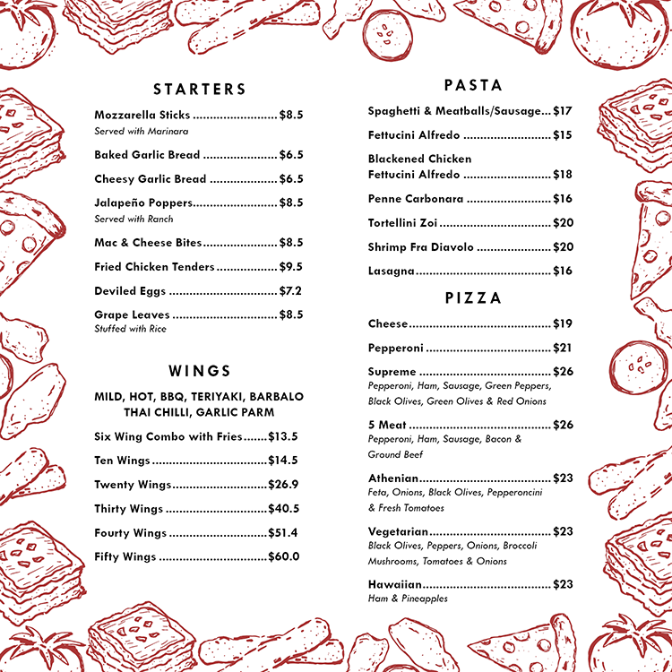 Image of the redesigned Carmellas Pizza and Grill menu interior