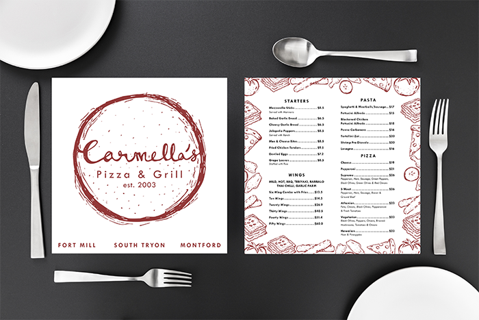 Image of the redesigned Carmellas Pizza and Grill Pizza Box