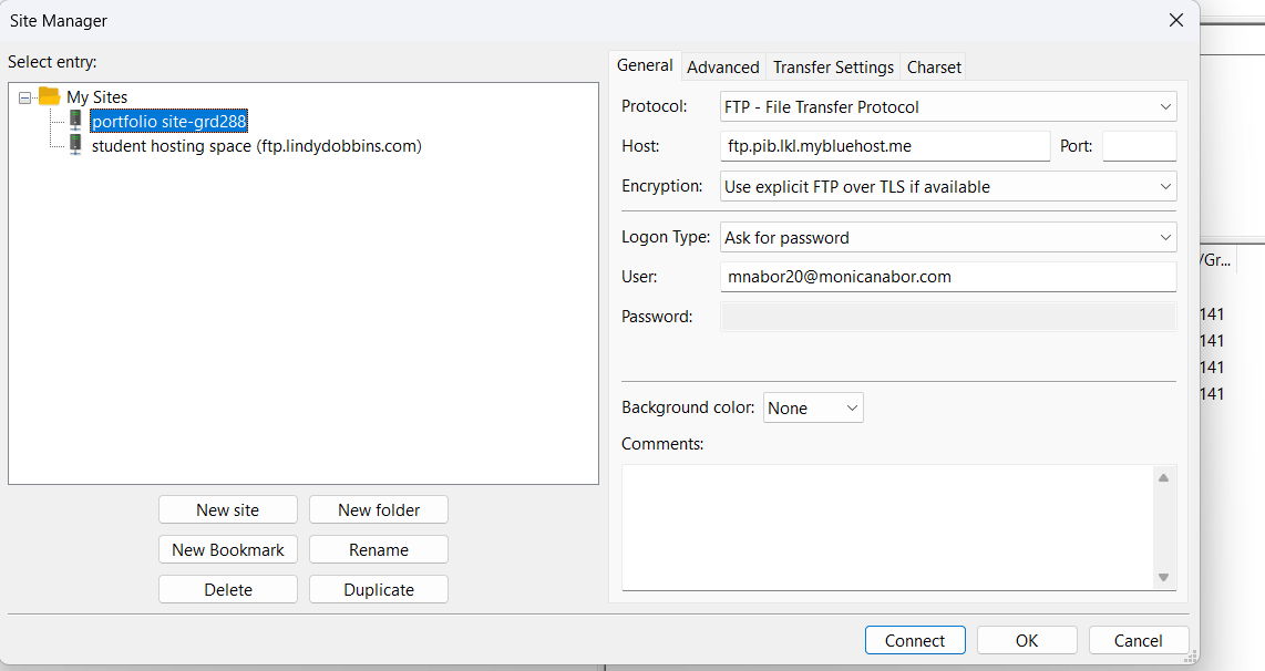 An image of the site manager interface in Filezila that shows I have set up my FTP account to connect to my hosting space