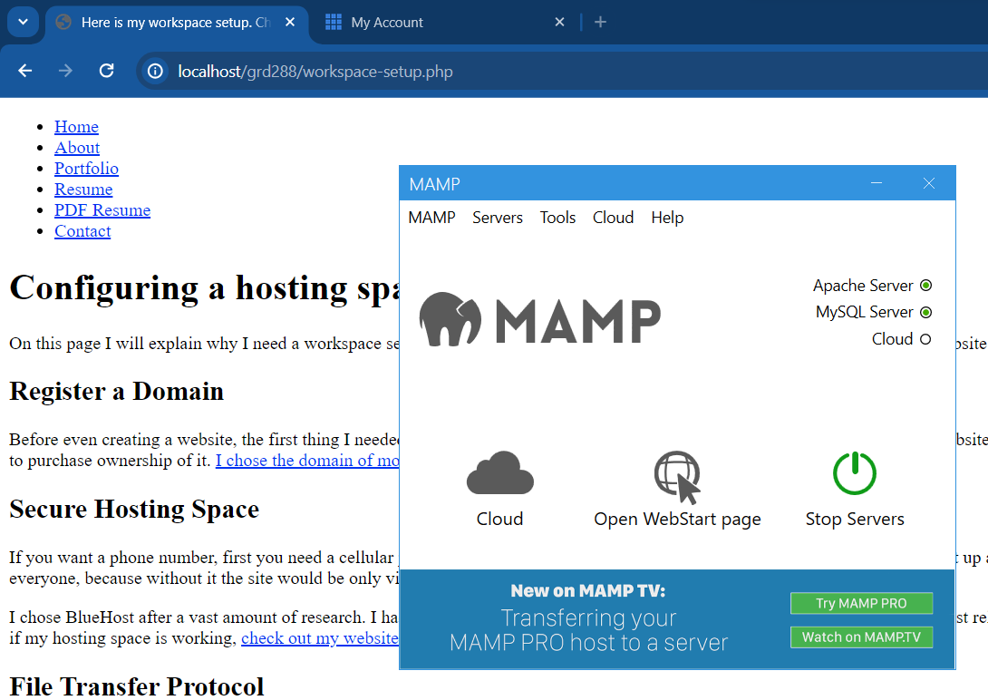 An image of the MAMP local develop stack that shows I have set it up